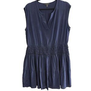 J CREW Women Silk Mini Dress Pullover Sleeveless V Neck Smocked Sz 14 Blue 30-6